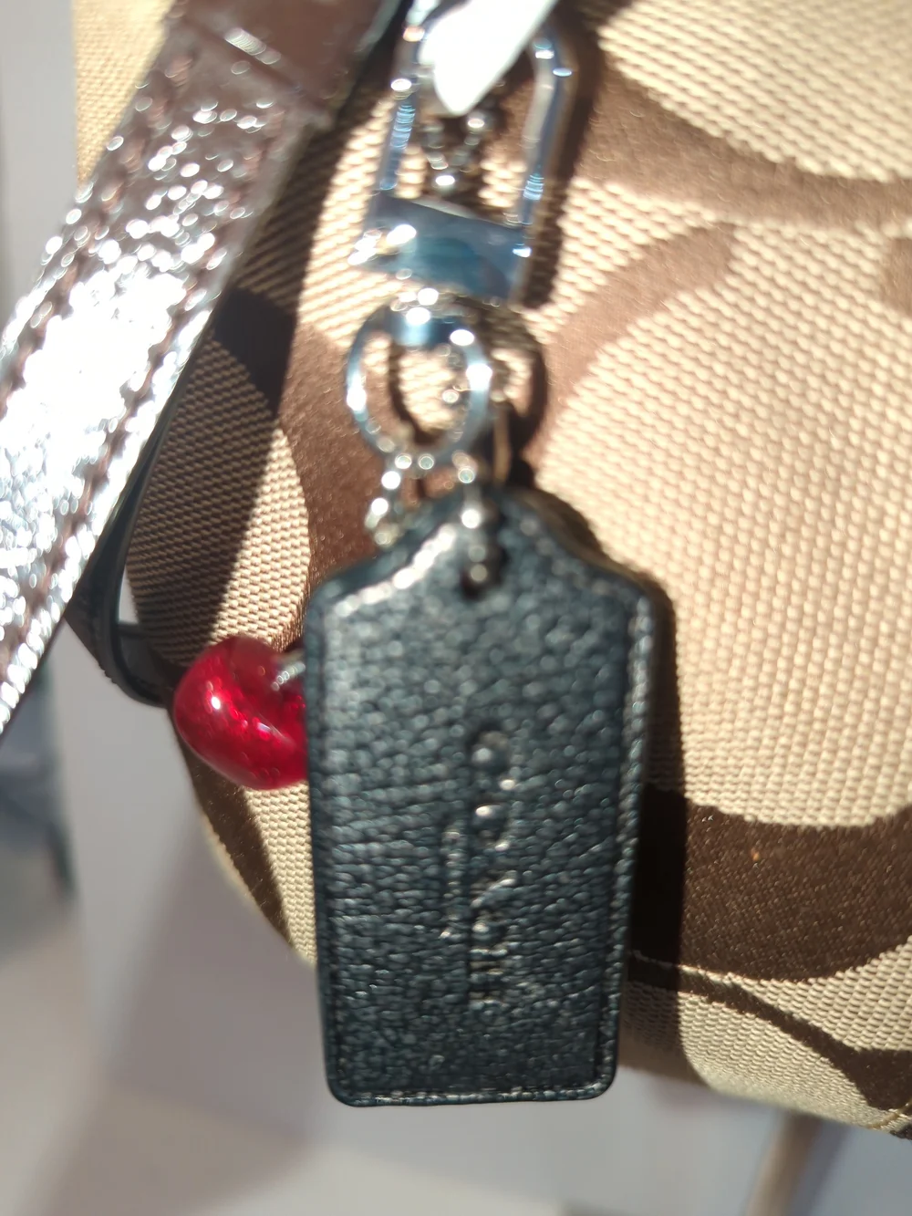 Coach Black Leather Metallic Gunmetal Leather Hangtag + Red Cherry Charm Heart